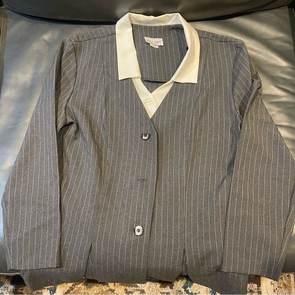 Gray Pinstripe Women's Blazer with White Collar